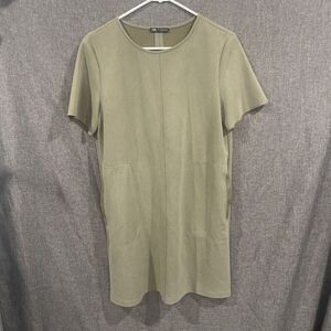 Zara Faux Suede Shift T Shirt Dress Pockets Green Neutral Basic Modern Comfort